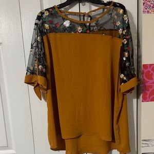Source Unknown Mustard Floral Mesh Blouse